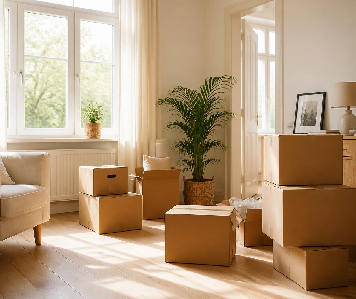 Salón luminoso con cajas de mudanza preparadas para el traslado